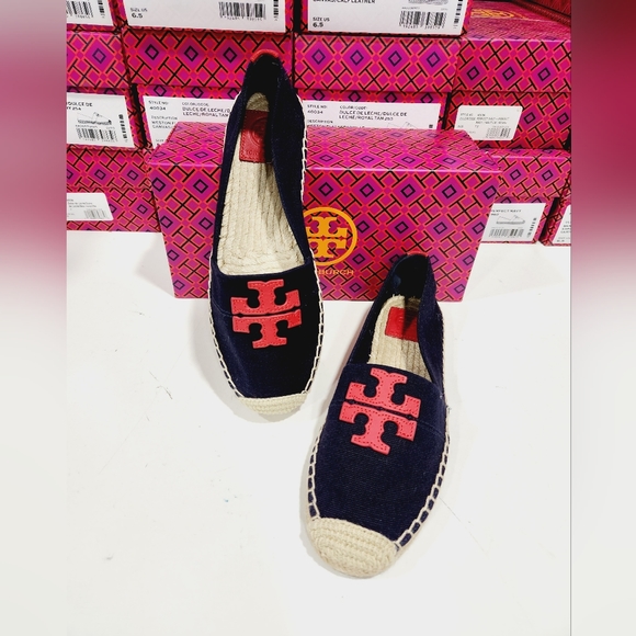 NEW TORY BURCH WESTON FLAT ESPADRILLE NAVY/RED - Picture 2 of 5